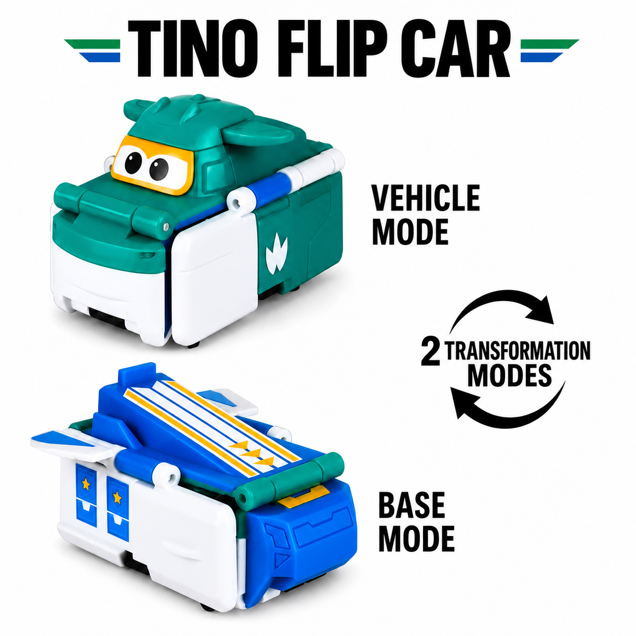 Super Wings Tino 2-in-1 Flip Car toy in vehicle mode and base mode