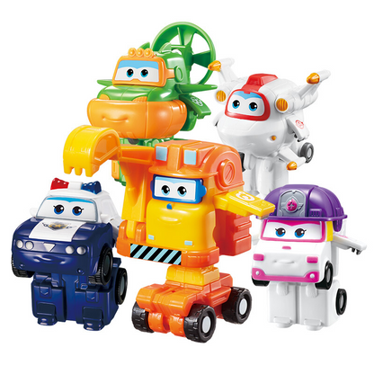 Super Wings Season 3 Mini Transform-A-Bots 5 pack toy figures: Zoey, Scoop, Swampy, Kim and Astro