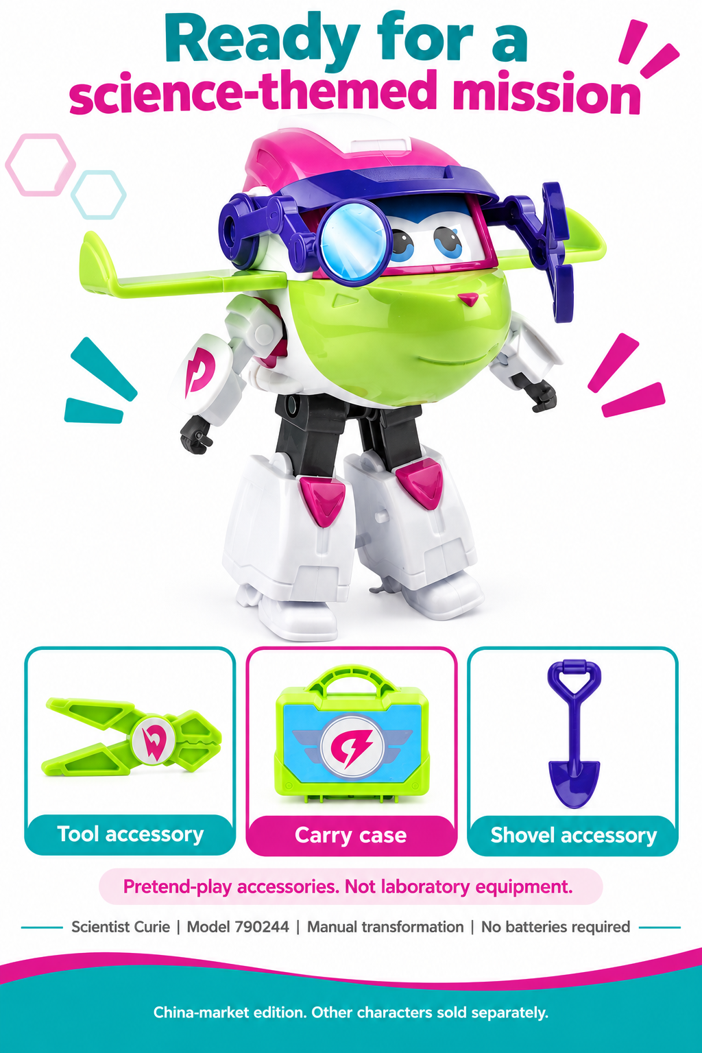 Curie robot and science-themed pretend play accessories