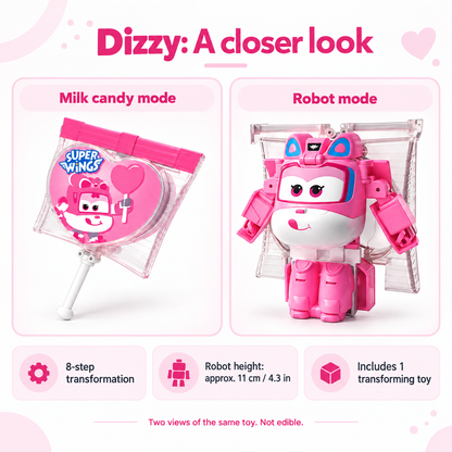 Super Wings Dizzy Milk Candy toy shown in candy-inspired and robot modes