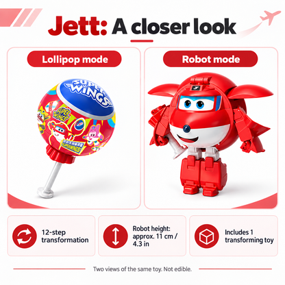 Super Wings Jett Lollipop toy shown in lollipop-inspired and robot modes