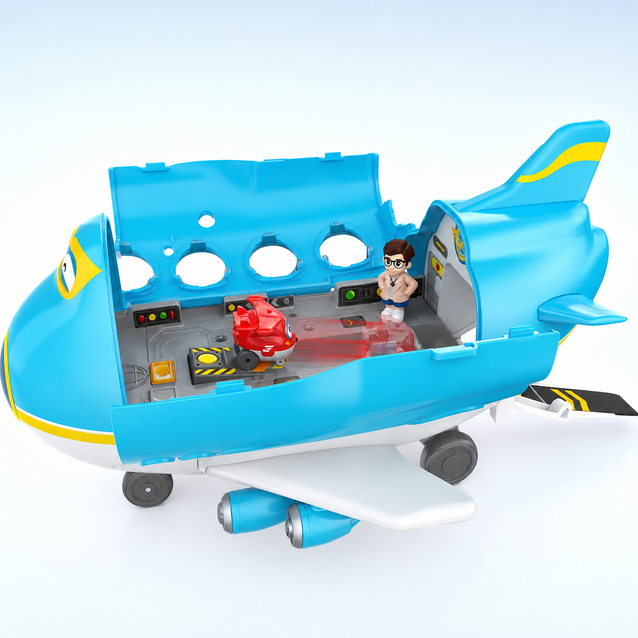 Super Wings Big Wing Museum World Tour playset opened with Jett on the GO launch track and museum guide figure