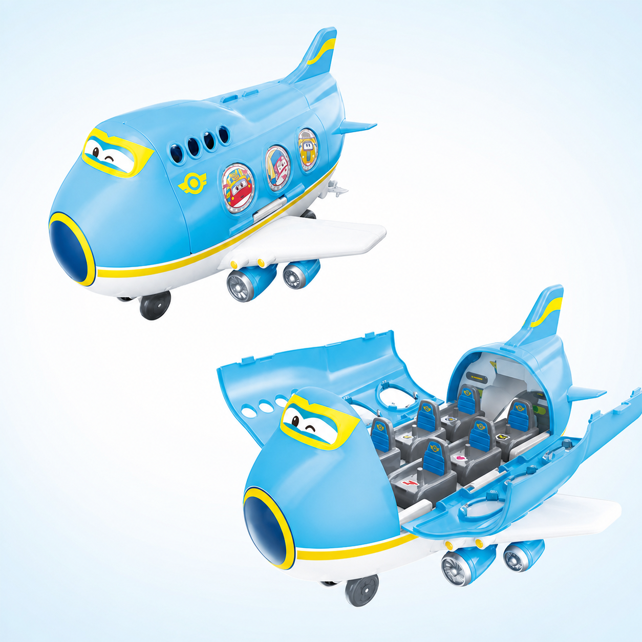 Super Wings Big Wing Museum World Tour aircraft shown closed and opened into a six-seat cabin play scene
