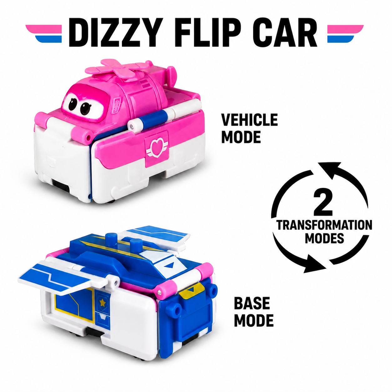 Super Wings Dizzy 2-in-1 Flip Car toy in vehicle mode and base mode
