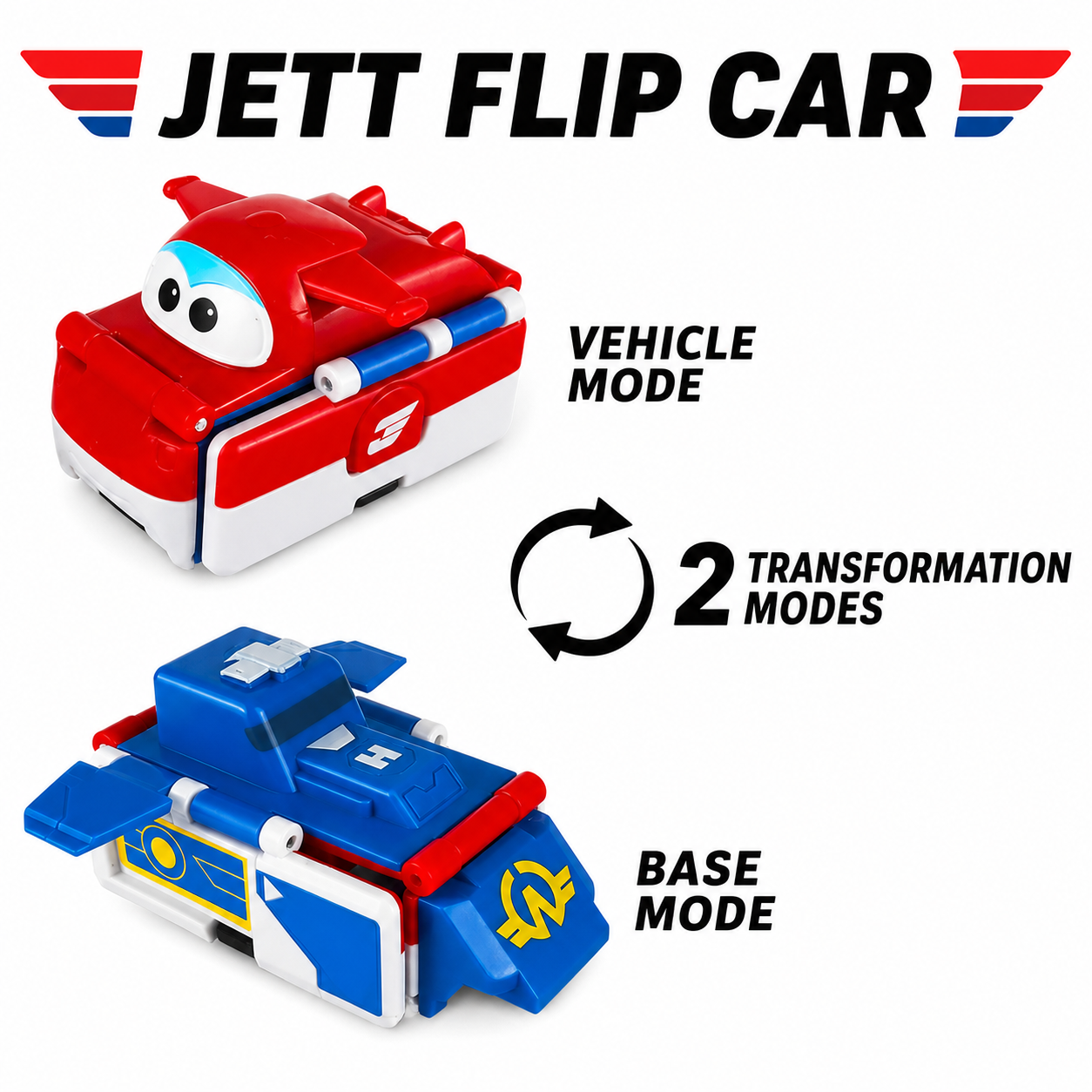 Super Wings Jett 2-in-1 Flip Car toy in vehicle mode and base mode