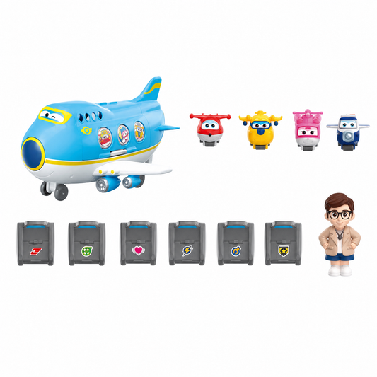 Super Wings Season 19 Big Wing Museum World Tour aircraft playset with Jett, Donnie, Dizzy, Paul, six seats and male museum guide figure