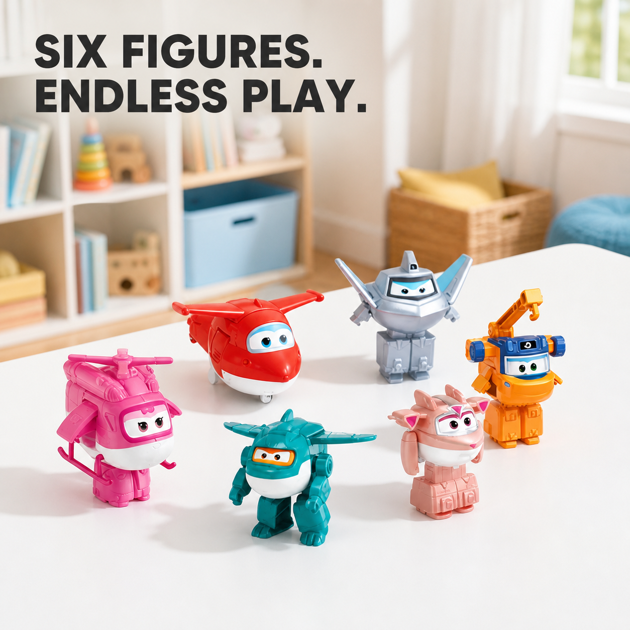 Six Super Wings transforming figures for play