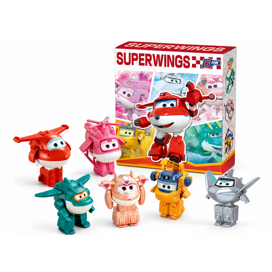 Super Wings Easy Transform 6-Figure Gift Set – 4.1 in Auldey Robots 6-Figure Set - original product photo without promotional overlays