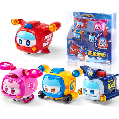 Super Wings Super Pets four-pack with Jett, Dizzy, Donnie and Paul figures and retail packaging
